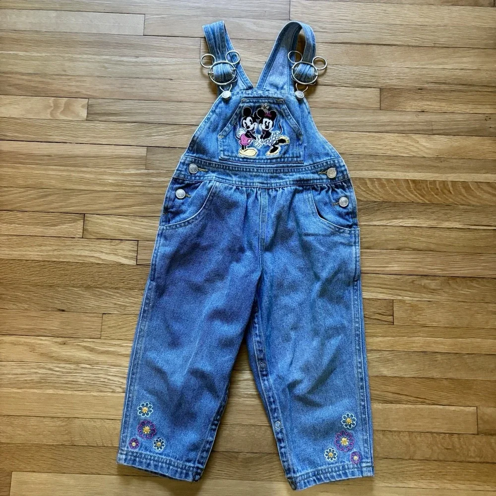 Vintage‎ Disney Mickey & Minnie Mouse Kids Denim Overalls 2T Toddler 90s Flowers